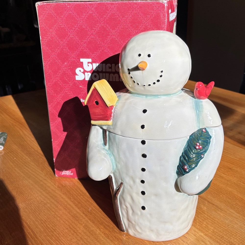 Twilight Snowman Cookie Jar with Bird and Birdhouse